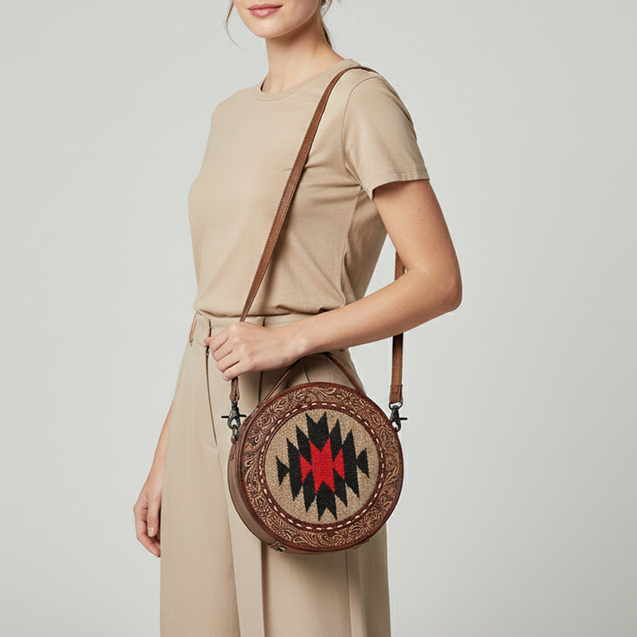 American Darling Canteen Bag, Hand Tooled Floral & Hand-Woven Saddle Blanket Genuine Leather Western Purse, 10in Round