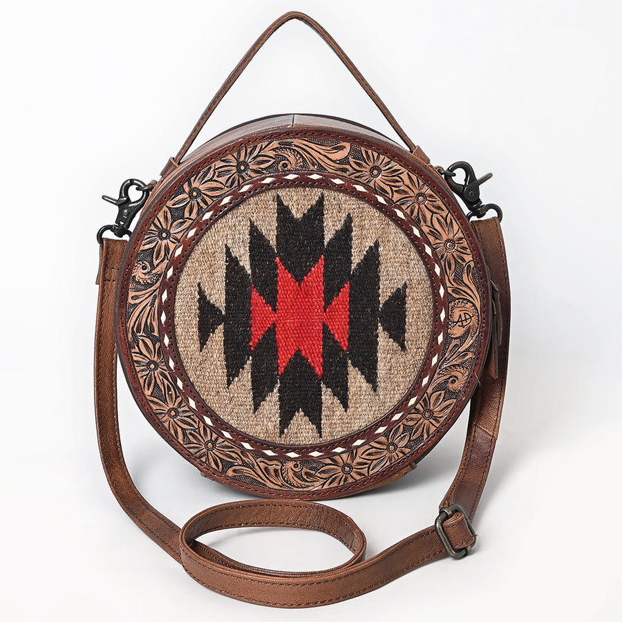 American Darling Canteen Bag, Hand Tooled Floral & Hand-Woven Saddle Blanket Genuine Leather Western Purse, 10in Round