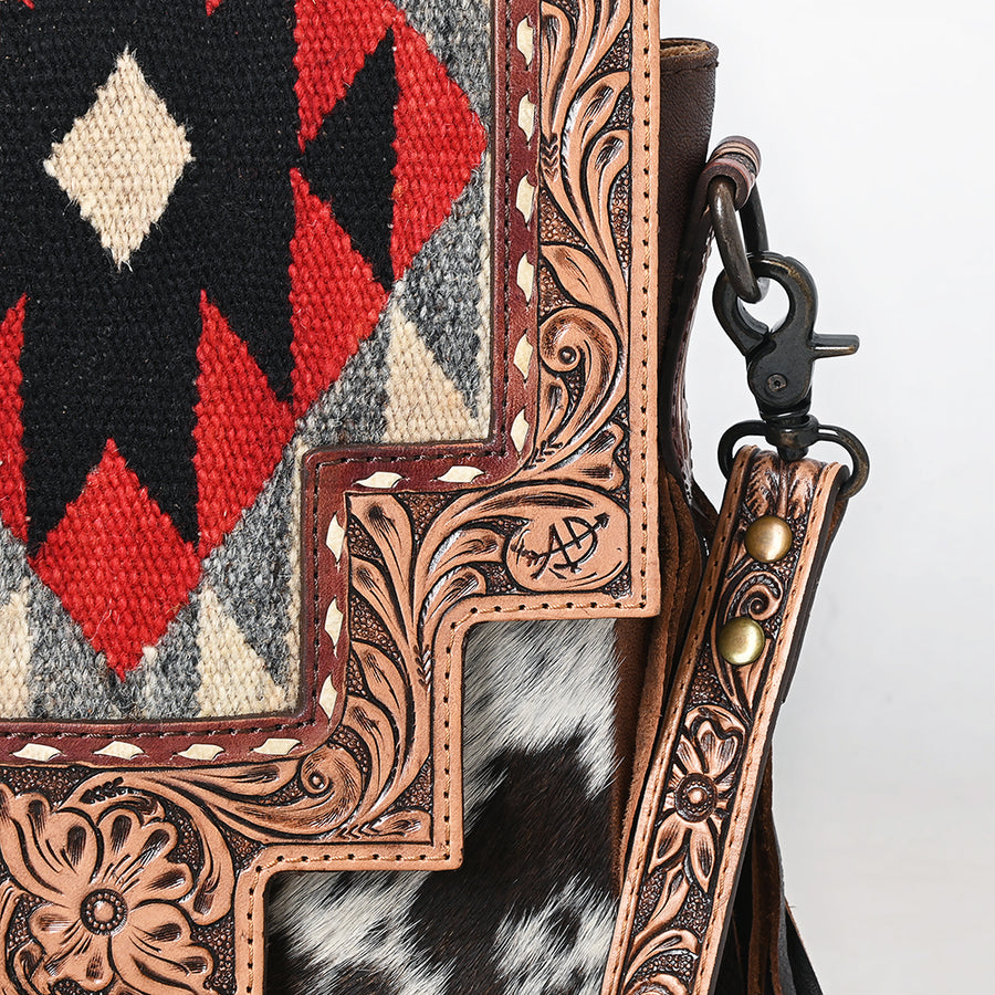 American Darling Messenger Bag, Hand Tooled Floral Carved & Hand Woven Saddle Blanket Cowhide Western Purse with Fringes