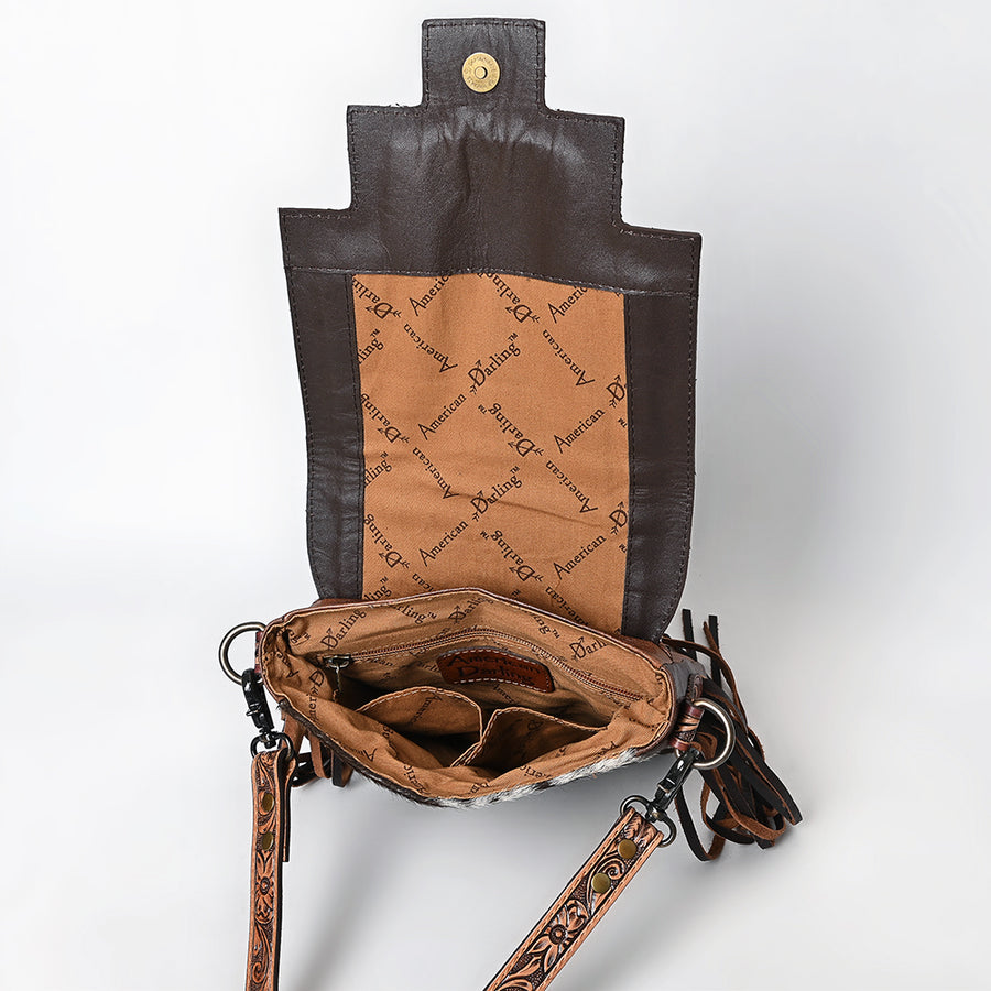 American Darling Messenger Bag, Hand Tooled Floral Carved & Hand Woven Saddle Blanket Cowhide Western Purse with Fringes