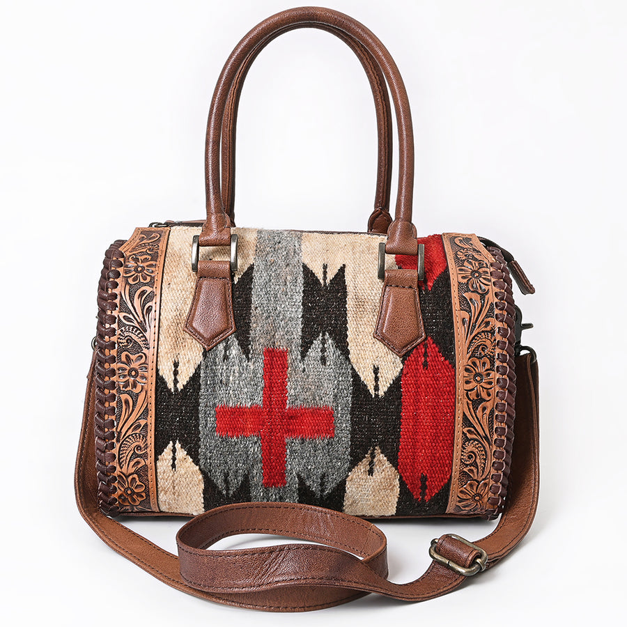 American Darling Tote Bag, Hand Tooled Floral Carved & Woven Saddle Blanket Genuine Leather Western Purse
