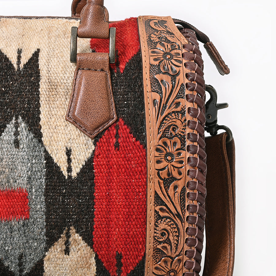 American Darling Tote Bag, Hand Tooled Floral Carved & Woven Saddle Blanket Genuine Leather Western Purse