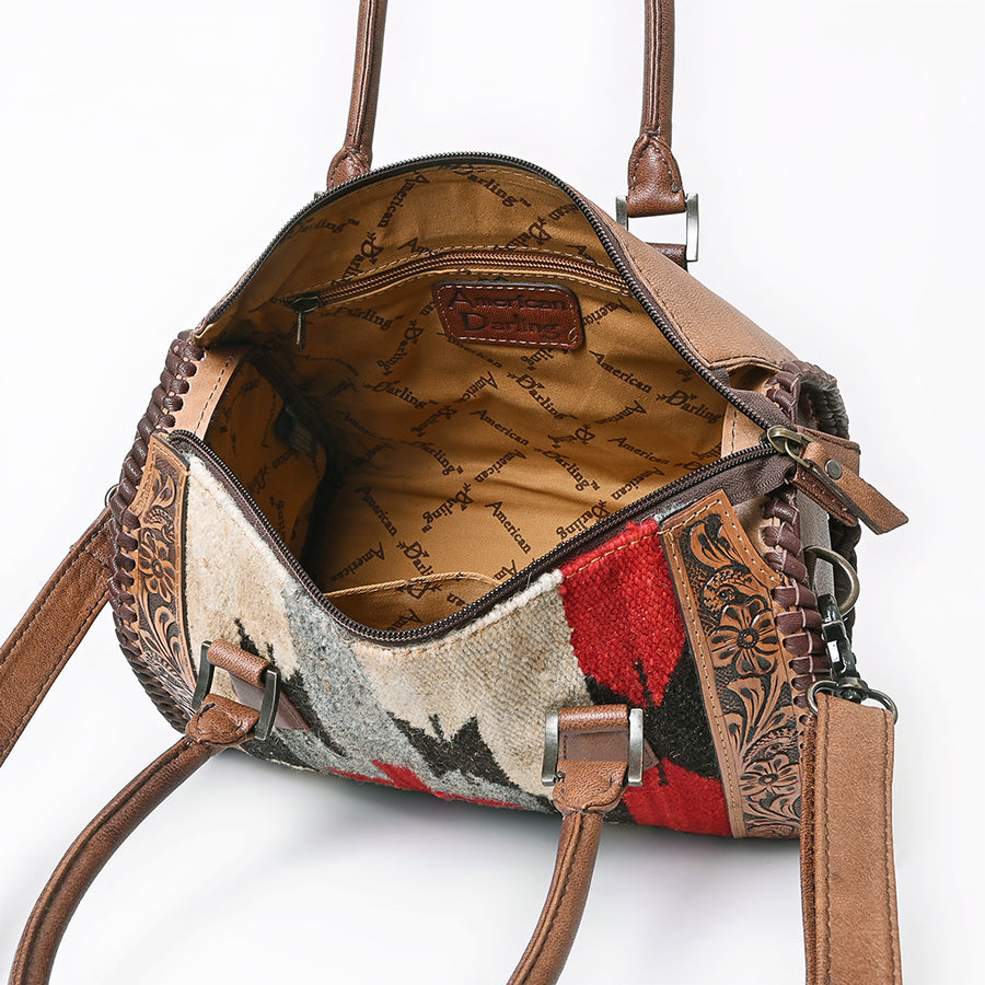 American Darling Tote Bag, Hand Tooled Floral Carved & Woven Saddle Blanket Genuine Leather Western Purse