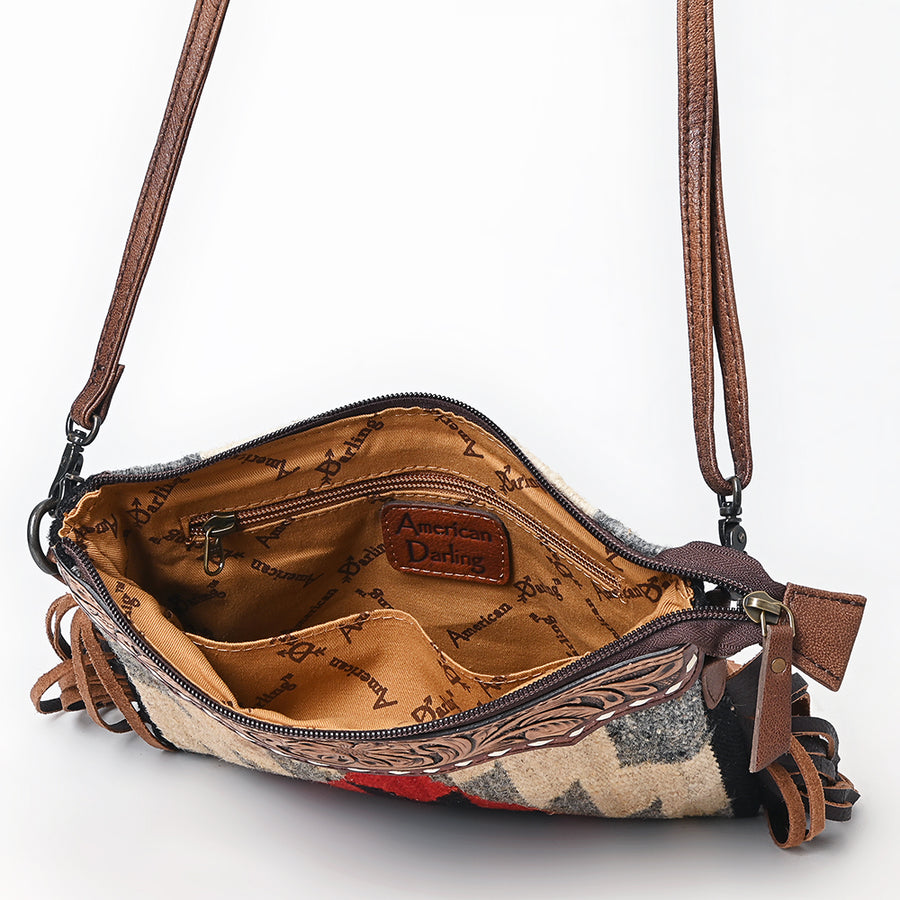 American Darling Cross body Bag, Hand Tooled Floral Leather & Woven Saddle Blanket Western Purse with Fringes, 10in Wide