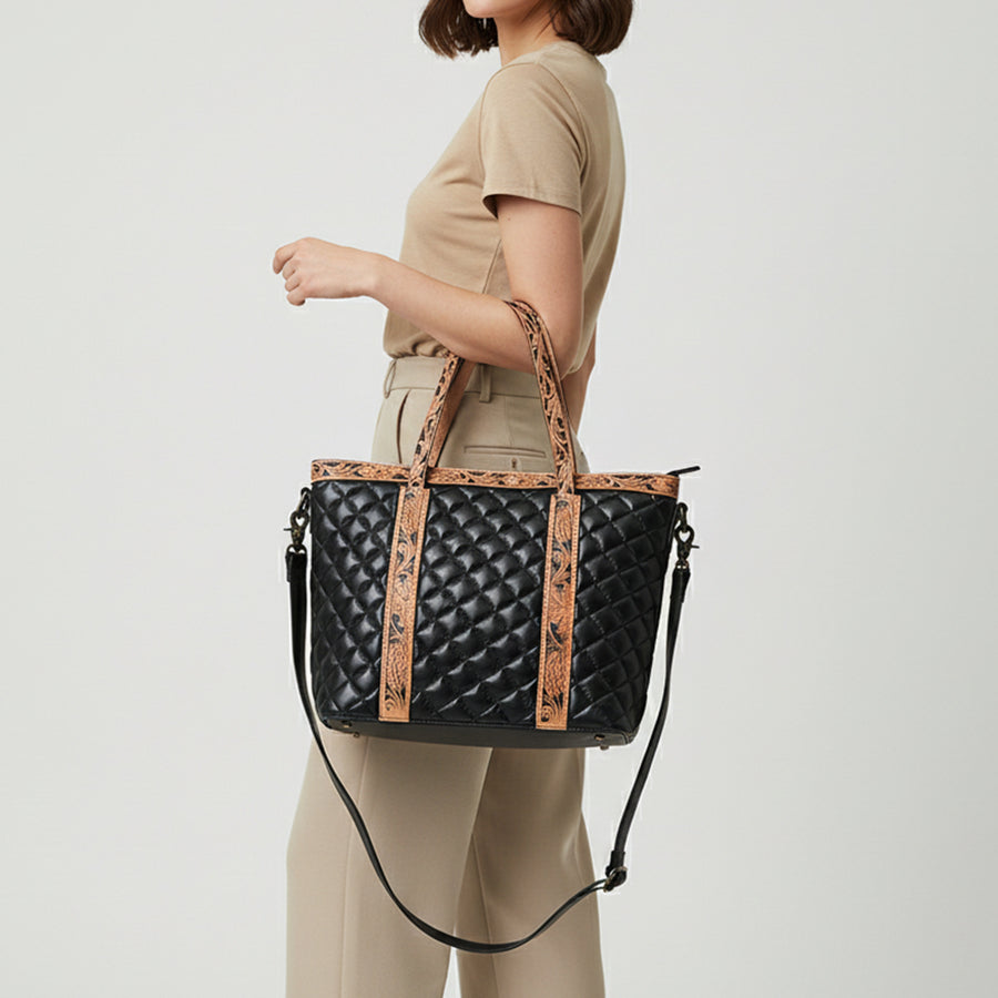 American Darling Tote Bag, Hand-Tooled Floral Carved & Quilted Genuine Leather Western Purse, YKK Zipper