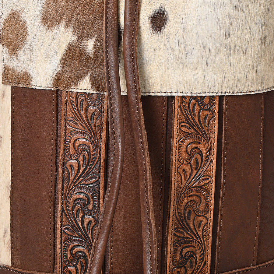 American Darling Bucket Hand tooled Hair-On Genuine Leather Weaved Women Bag Western Handbag Purse