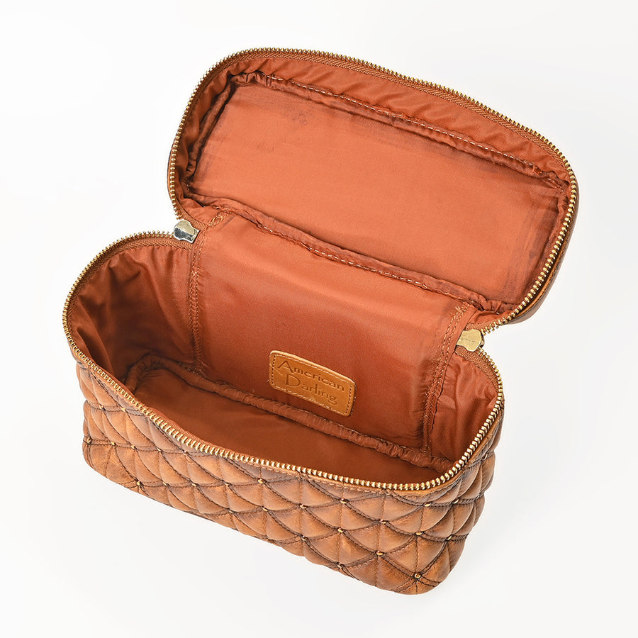 American Darling Jewelery Case - Quilted Genuine Vegetable Tanned Full Grain Leather Stitched Travel Organizer with YKK Zipper