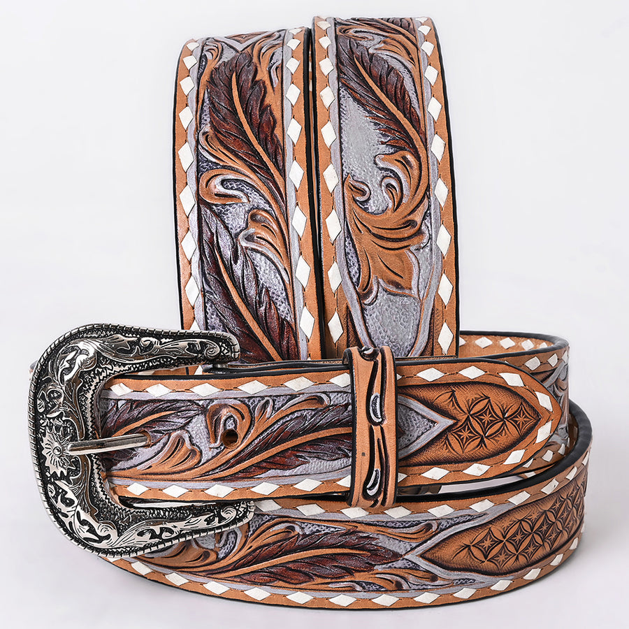 Medium American Darling Leaf Hand Carved Men and Women Genuine American Leather Belt Brown / Gray Gorgeous Hand - Uhorse