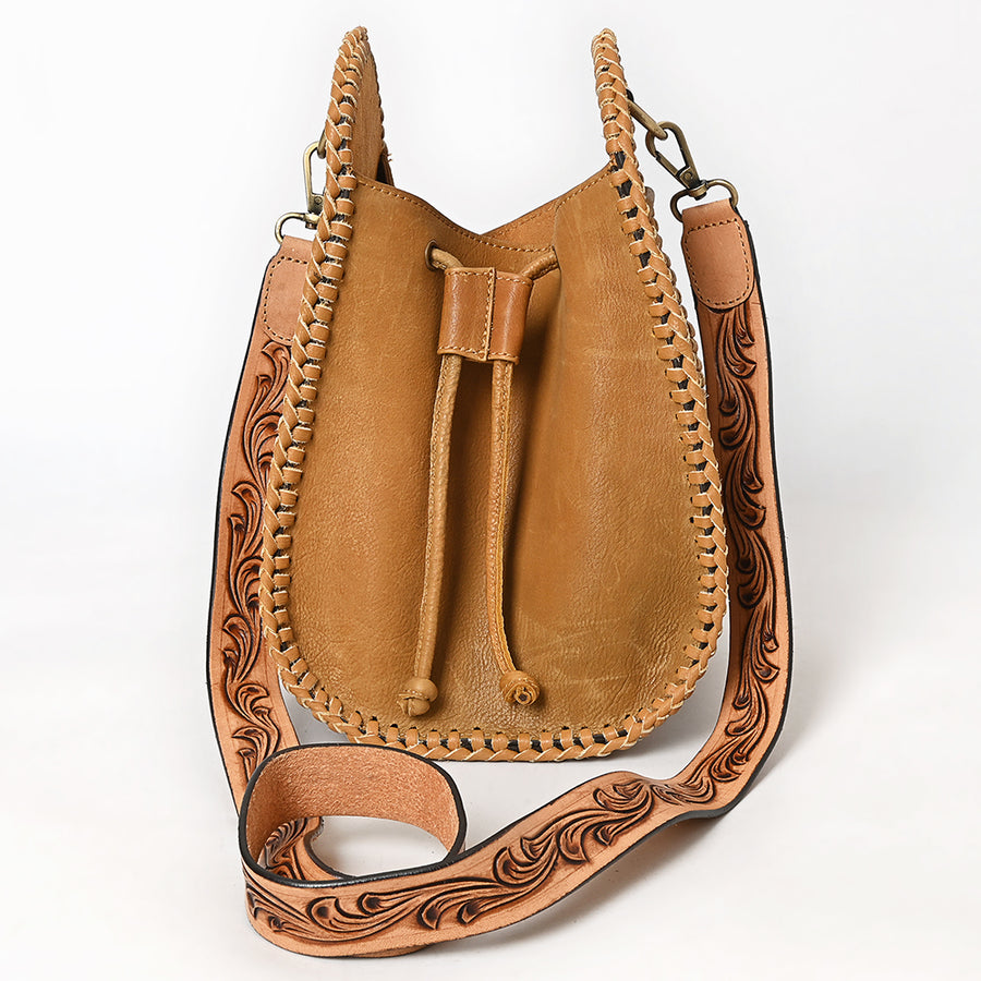 American Darling Braided Leather Bucket Bag - Hand Tooled Floral Carved Eco-Friendly Vegetable Tanned Full Grain Purse