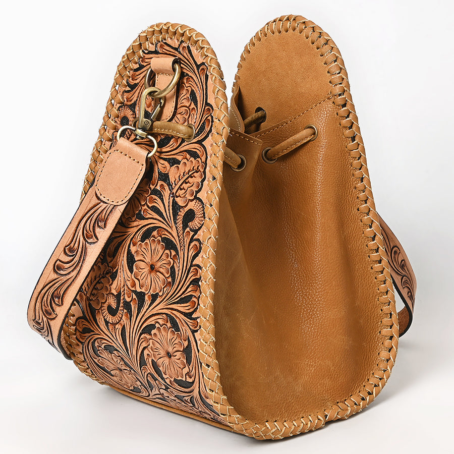 American Darling Braided Leather Bucket Bag - Hand Tooled Floral Carved Eco-Friendly Vegetable Tanned Full Grain Purse