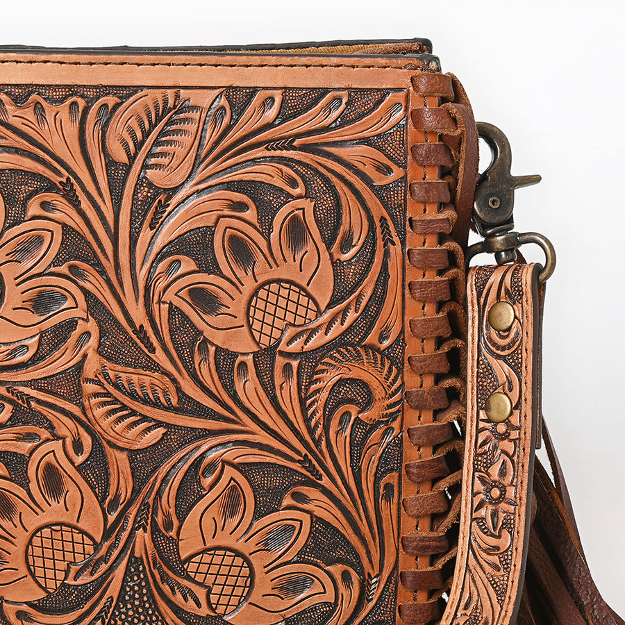 American Darling Messenger Bag Handcrafted from Hand Tooled Floral Carved Genuine Leather with Fringes and YKK Zipper