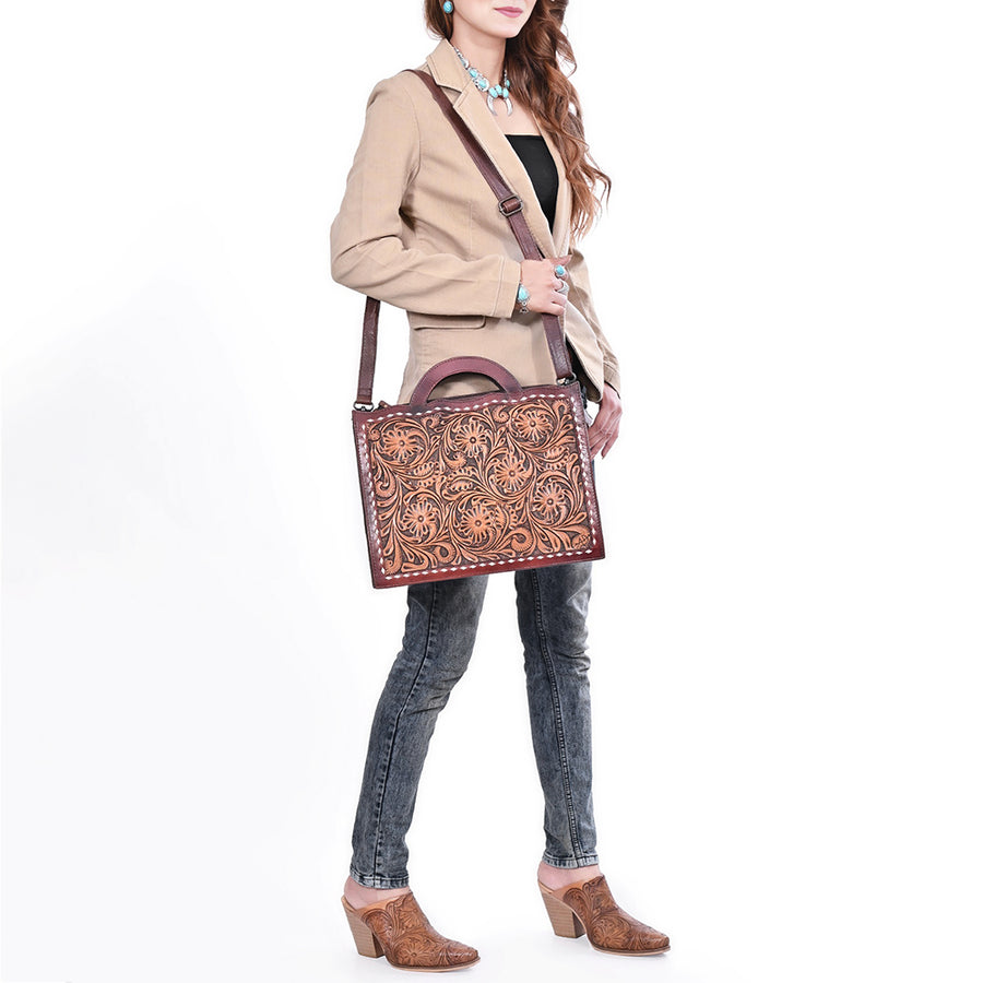 American Darling Briefcase Bag Hand Tooled Floral Carved Buck Stitched Genuine Leather Western Work Bag