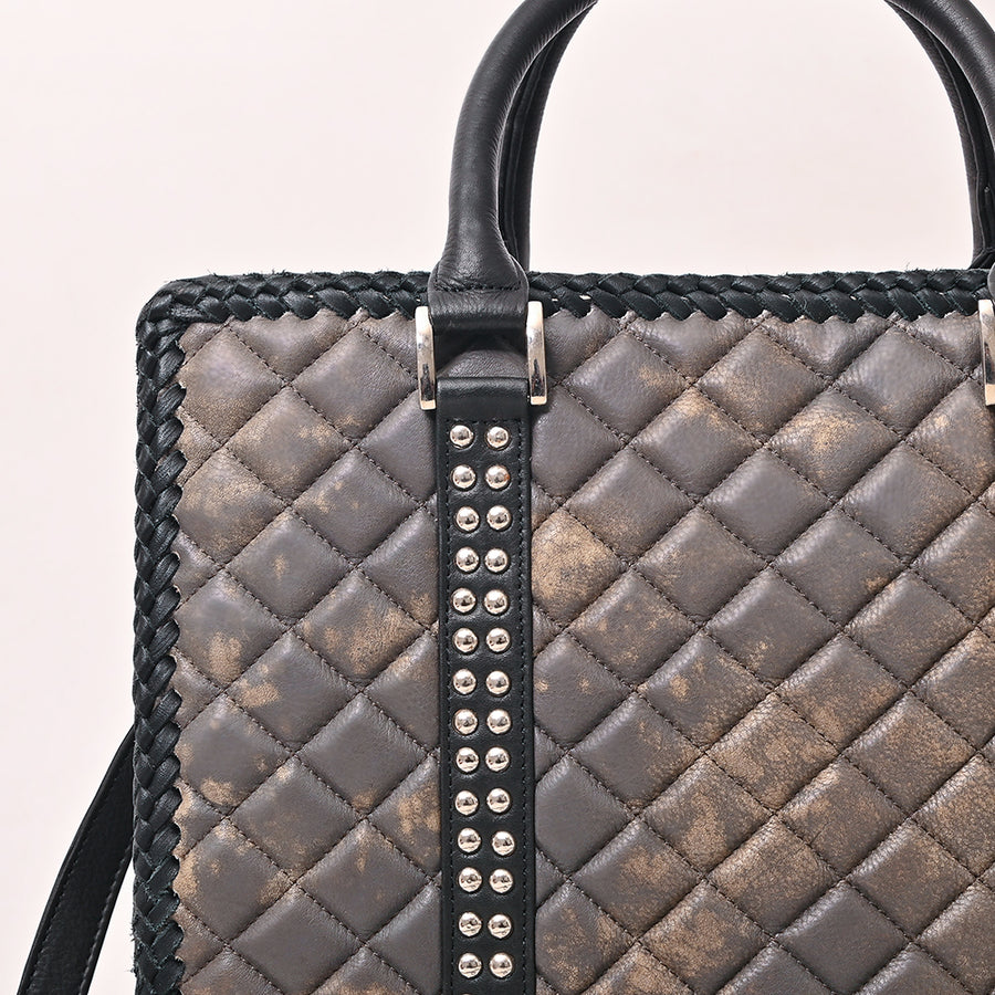American Darling Tote Bag Western Quilted Genuine Leather Handbag with Riveted Accents Braided Trim and Premium YKK Zipper