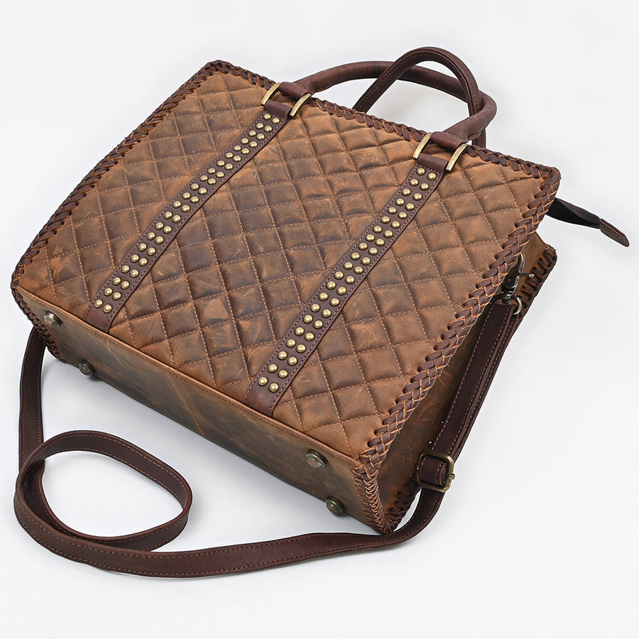 American Darling Tote Bag Western Quilted Genuine Leather Handbag with Riveted Accents Braided Trim and Premium YKK Zipper