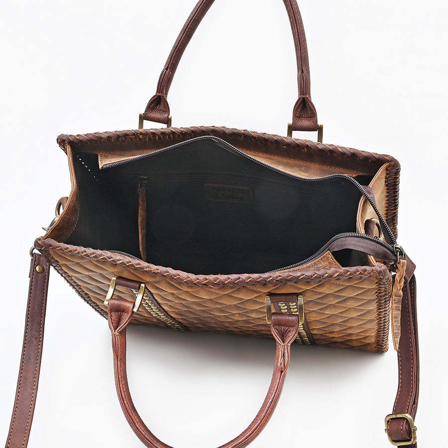 American Darling Tote Bag Western Quilted Genuine Leather Handbag with Riveted Accents Braided Trim and Premium YKK Zipper