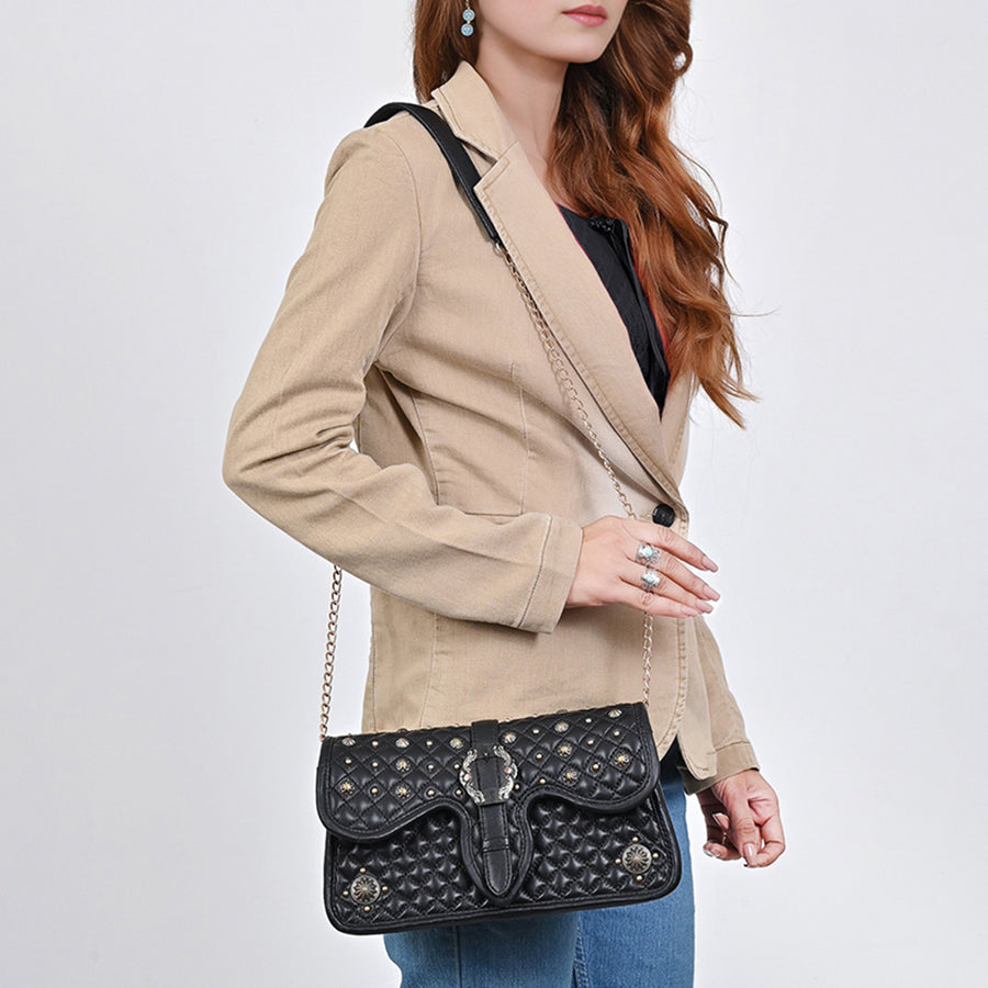 American Darling Cross body Bag Western Quilted Genuine Leather Purse with Rivets Concho and YKK Zipper for Women