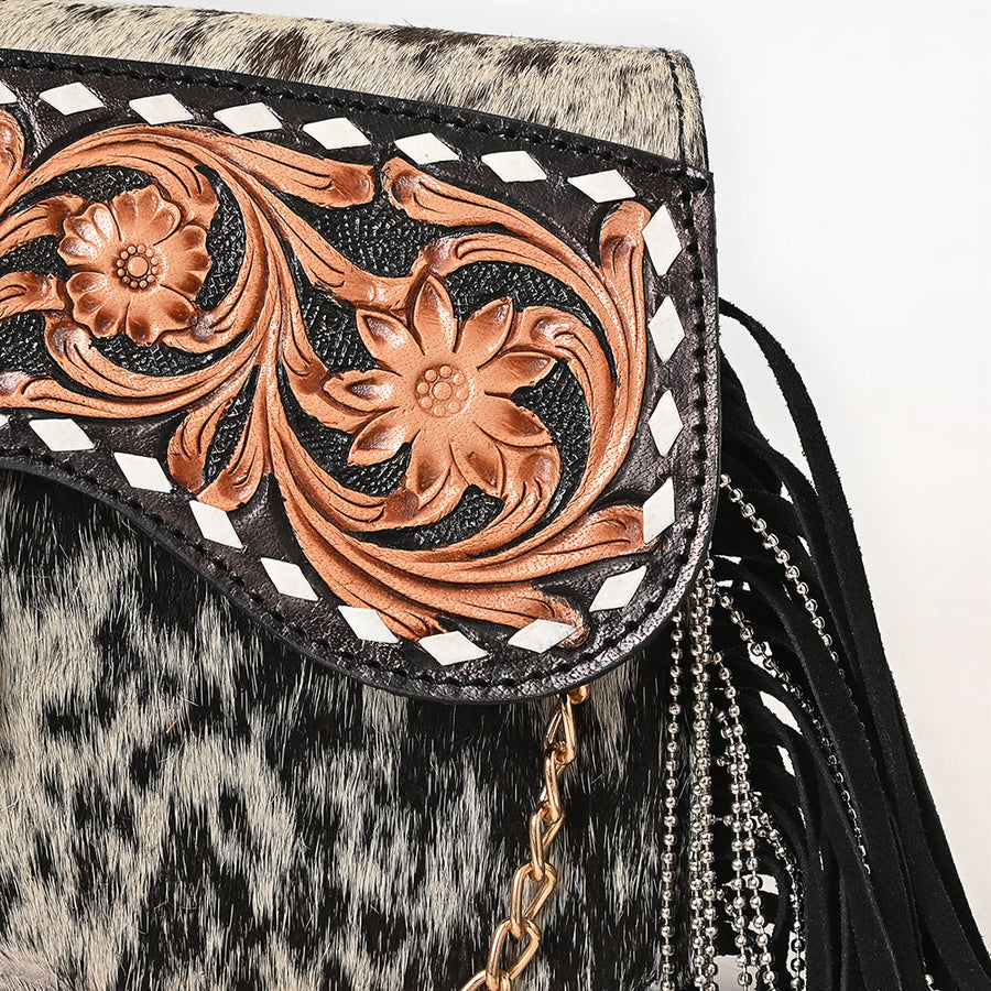 American Darling Hand Tooled Floral Carved Hair-On Cowhide Genuine Leather Cross body Bag with Fringes and YKK Zipper