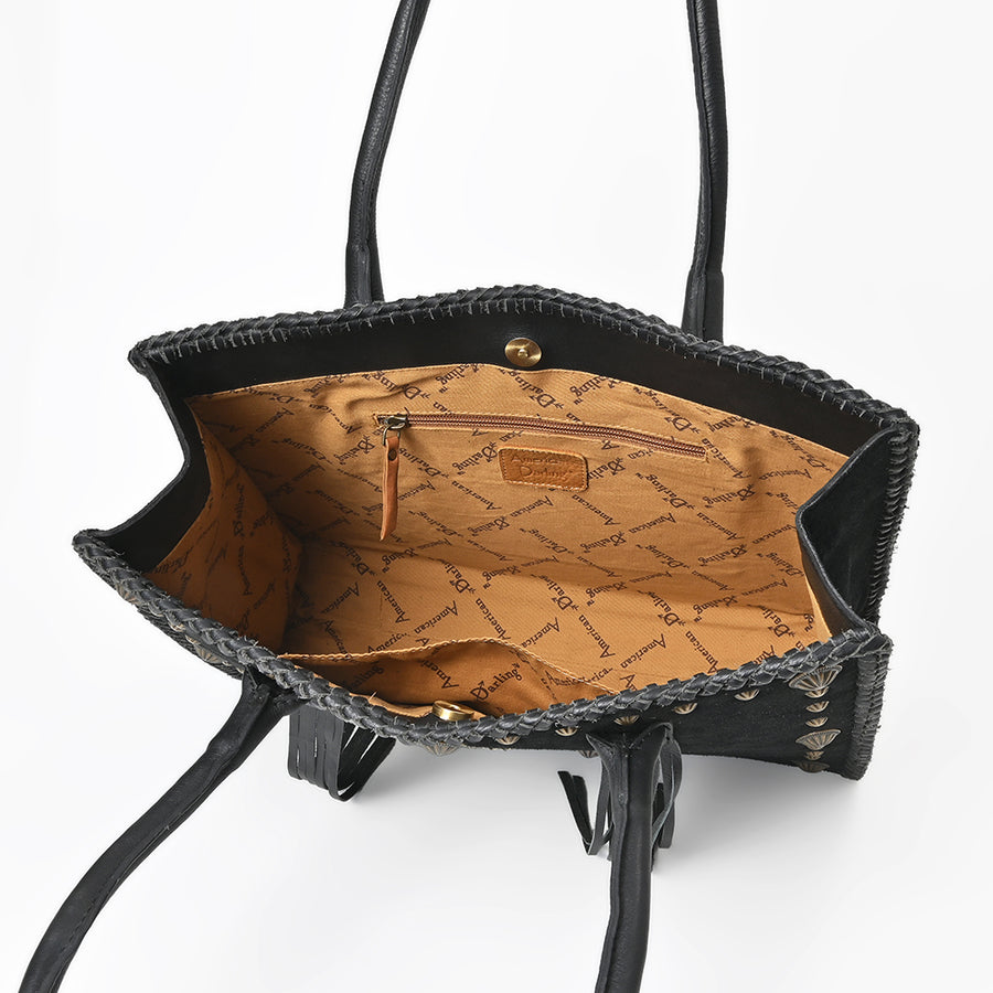 American Darling Tote Bag Western Suede Genuine Leather Handbag with Braided Trim Fringes and YKK Zipper for Women