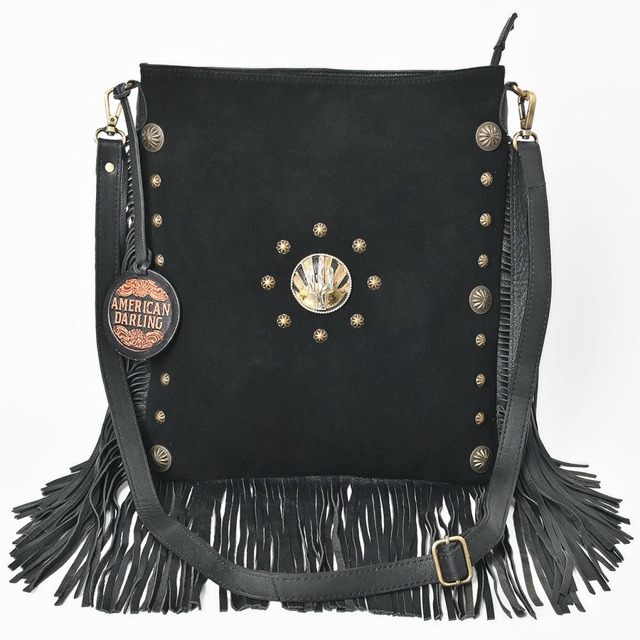American Darling Large Cross body Bag Western Suede Leather Purse with Fringes Rivets Concho and YKK Zipper for Women