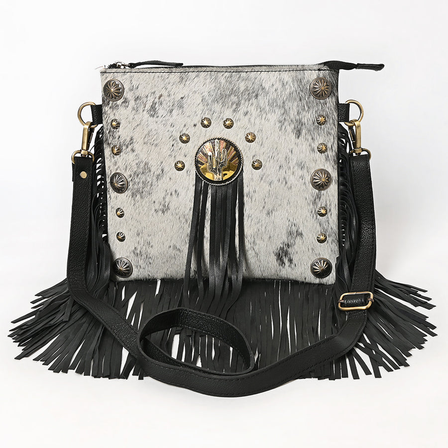 American Darling Hair-On Cowhide Vegetable-Tanned Genuine Leather Cross body Bag with Fringes Concho and YKK Zipper