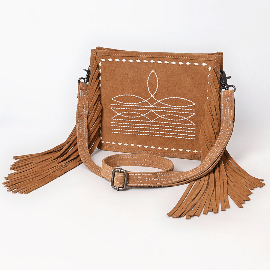 American Darling Western Genuine Suede Leather Crossbody Bag with Fringe and Buck Stitch Detailing - Uhorse