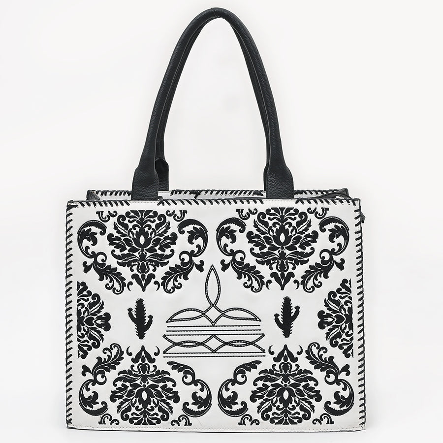 American Darling Embroidered Quilted Vegetable-Tanned Genuine Leather Tote Bag with YKK Zipper and Compartments