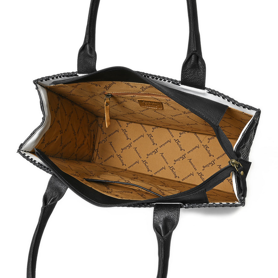 American Darling Embroidered Quilted Vegetable-Tanned Genuine Leather Tote Bag with YKK Zipper and Compartments