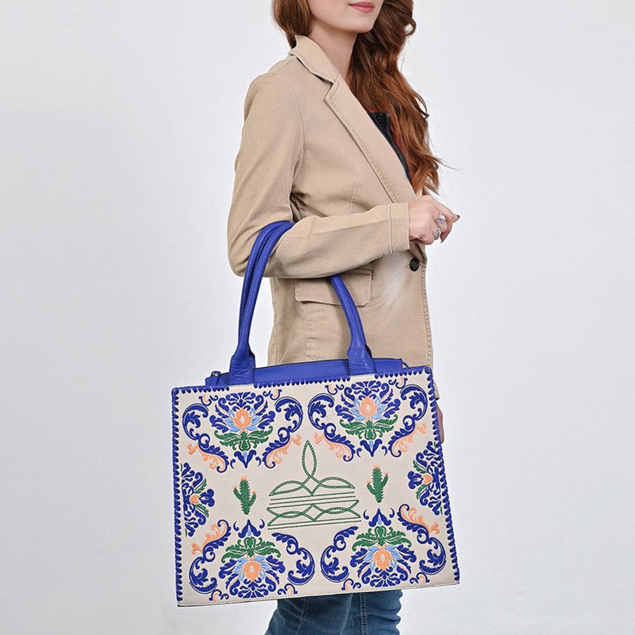 American Darling Western Tote Bag, Embroidered Canvas with Vegetable-Tanned Genuine Leather Trim, Large Boho Handbag for Women