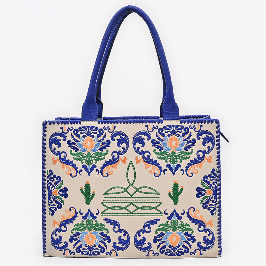 American Darling Western Tote Bag, Embroidered Canvas with Vegetable-Tanned Genuine Leather Trim, Large Boho Handbag for Women