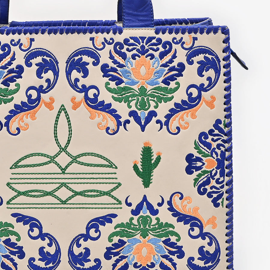 American Darling Western Tote Bag, Embroidered Canvas with Vegetable-Tanned Genuine Leather Trim, Large Boho Handbag for Women