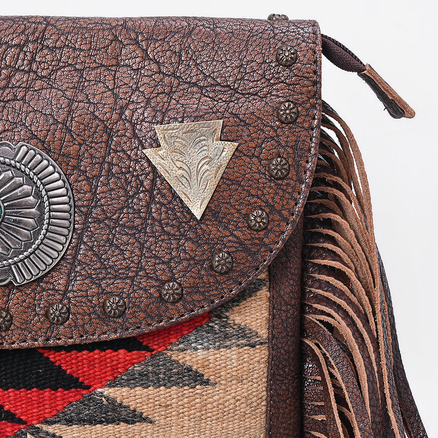 American Darling Cross body Bag Hand Woven Saddle Blanket Fringed Genuine Leather Western Purse with Concho