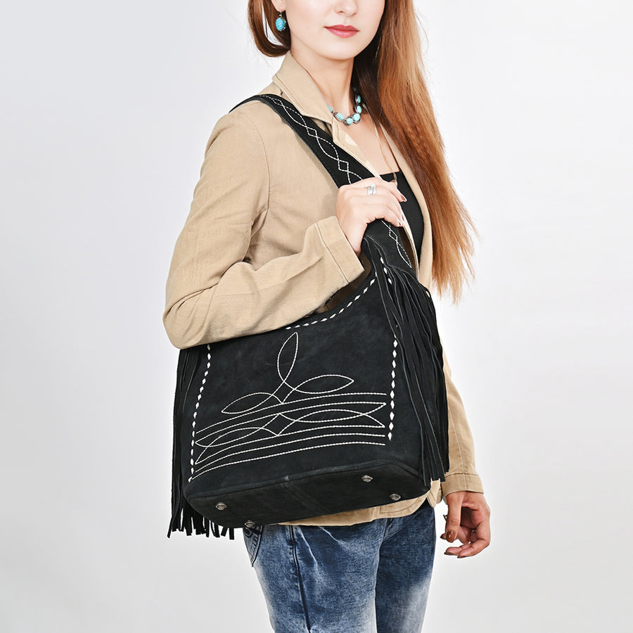 American Darling Hobo Bag Boot Stitched Genuine Suede Leather Western Purse with Buck Stitching