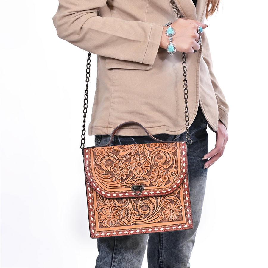American Darling Cross body Bag Hand Tooled Floral Carved Buck Stitched Genuine Leather Western Purse for Women