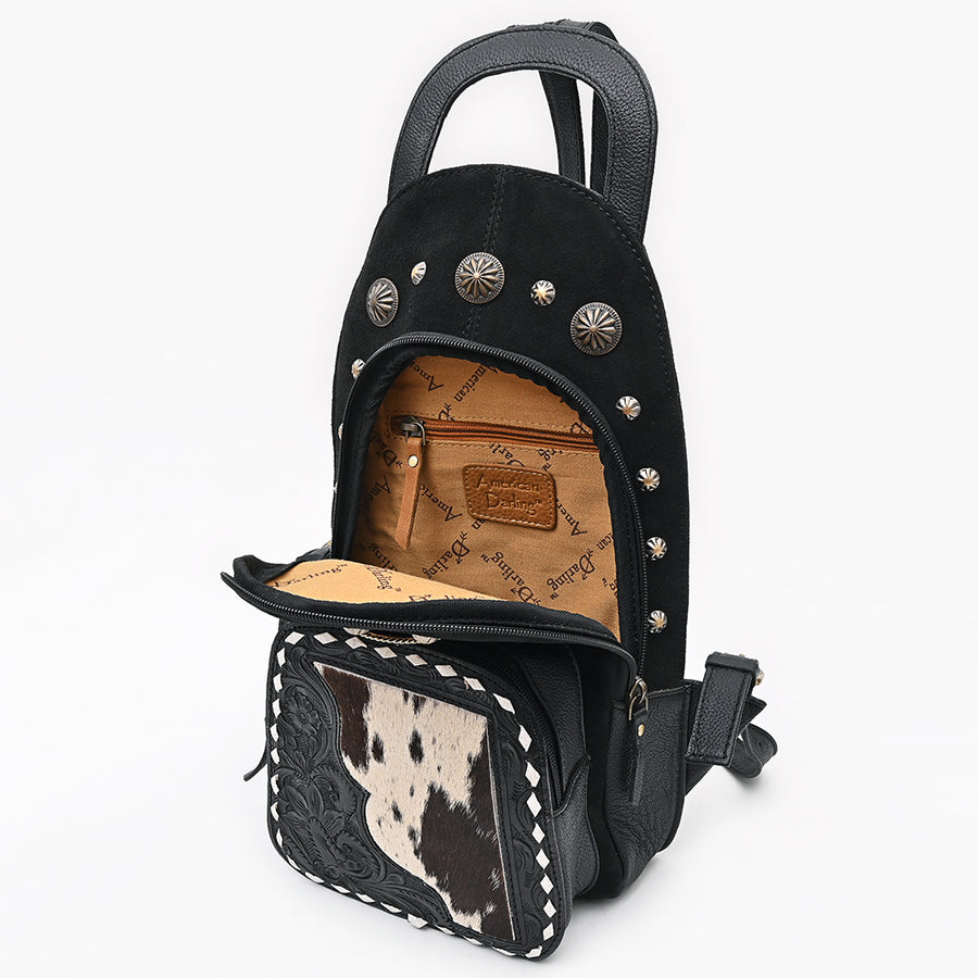 American Darling Sling Bag for Women, Hand Tooled Floral Leather & Genuine Suede, Hair-on Cowhide with Conchos, Western Backpack