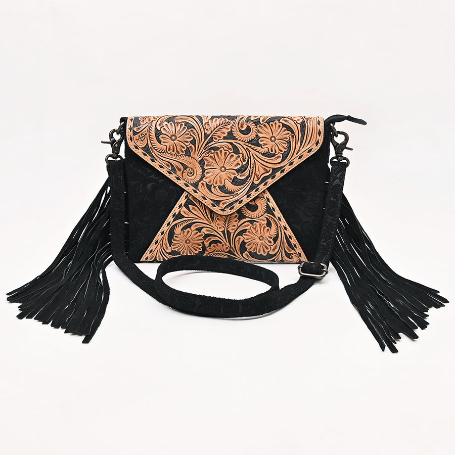 American Darling Envelop Bag Hand Tooled Floral Carved Damascus Genuine Leather Western Crossbody with Fringes