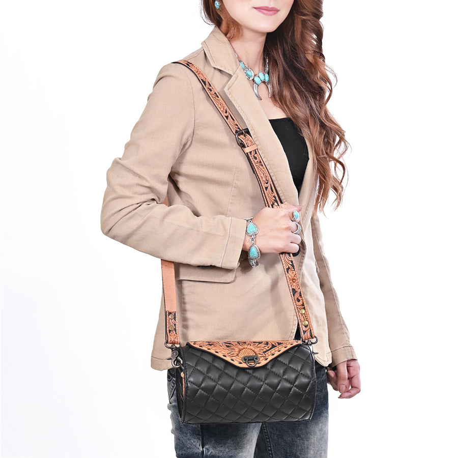 American Darling Cross body Bag Hand Tooled Floral Carved Quilted Genuine Leather Western Barrel Bag
