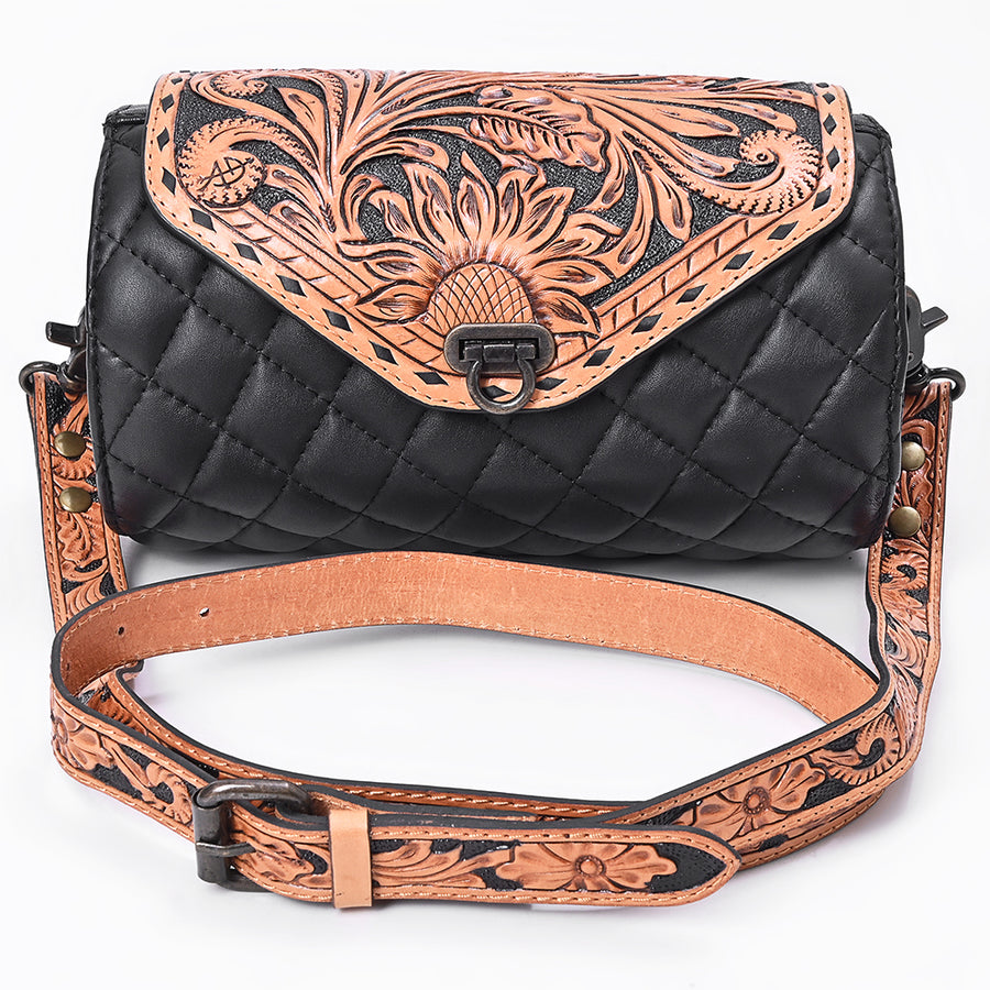 American Darling Cross body Bag Hand Tooled Floral Carved Quilted Genuine Leather Western Barrel Bag