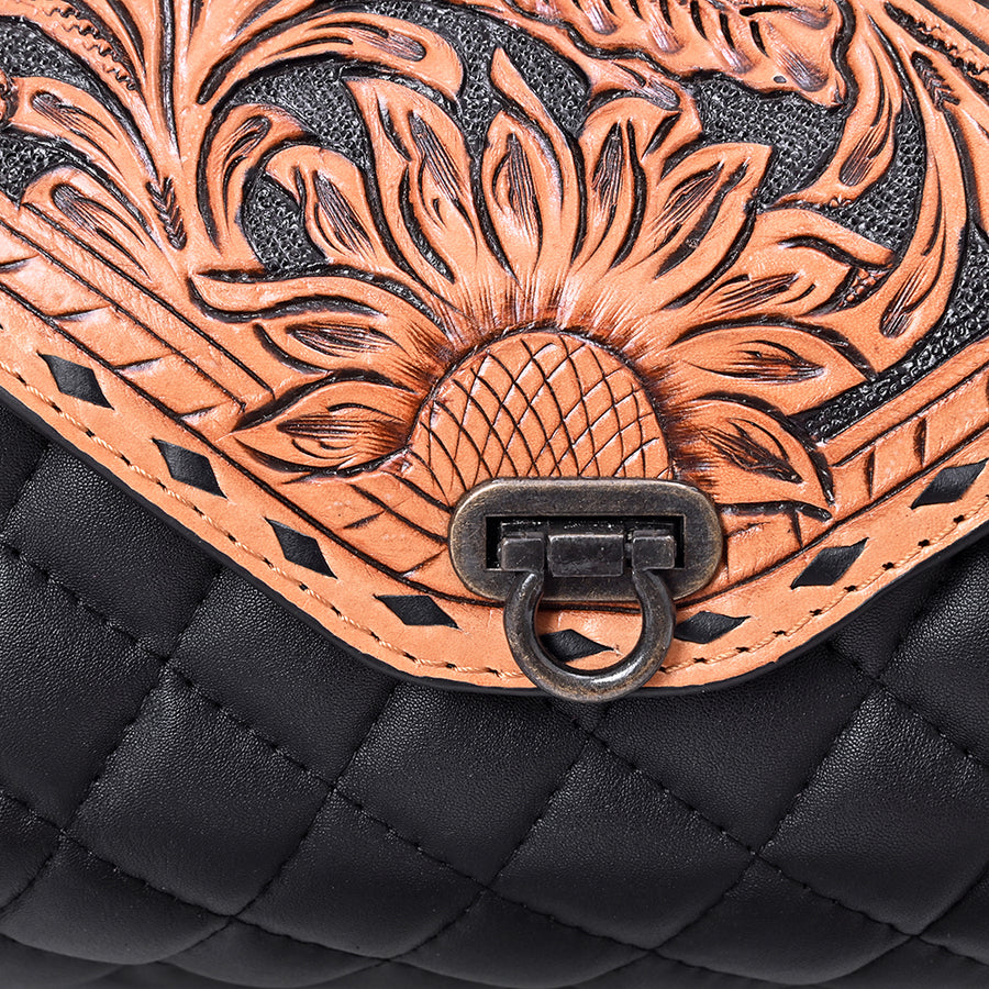 American Darling Cross body Bag Hand Tooled Floral Carved Quilted Genuine Leather Western Barrel Bag