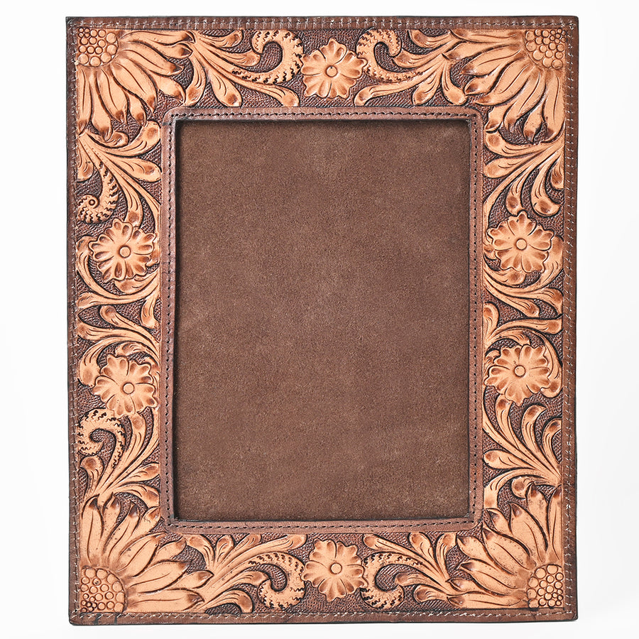 American Darling Hand Tooled Leather Photo Frame with Floral Carving, Western Tabletop Display, 10.5 x 9 Inch