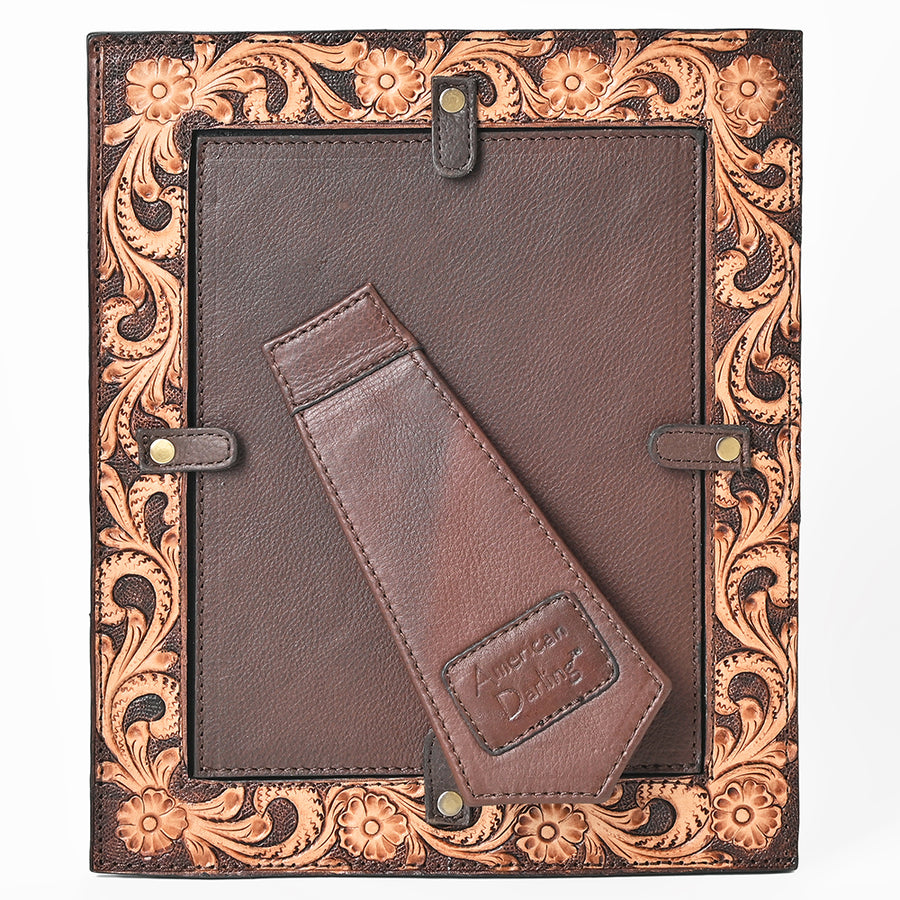 American Darling Hand Tooled Leather Photo Frame with Floral Carving, Western Tabletop Display, 10.5 x 9 Inch