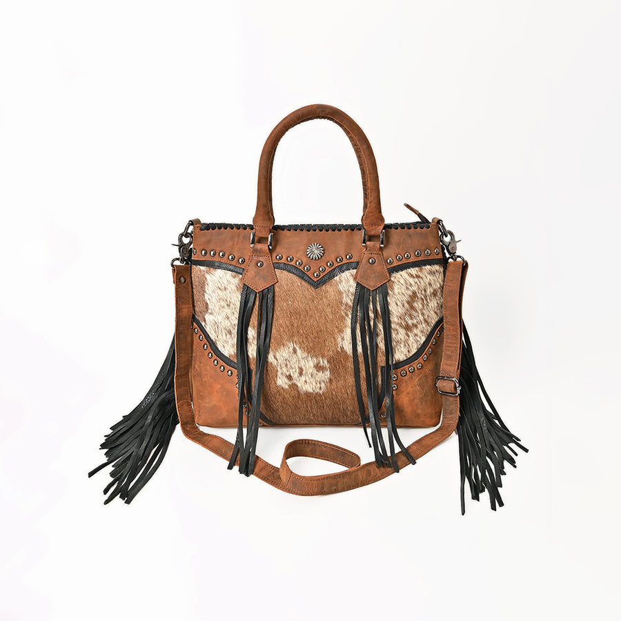American Darling Tote Bag Western Hair-On Cowhide Genuine Leather Handbag with Fringes Rivets and Premium YKK Zipper