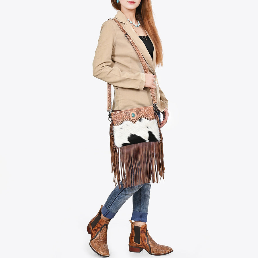 American Darling Cross body Bag Hand Tooled Floral Carved Hair-On Cowhide Genuine Leather Western Purse with Fringes