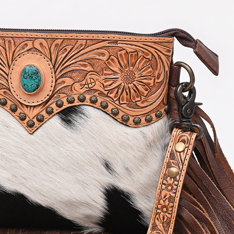 American Darling Cross body Bag Hand Tooled Floral Carved Hair-On Cowhide Genuine Leather Western Purse with Fringes