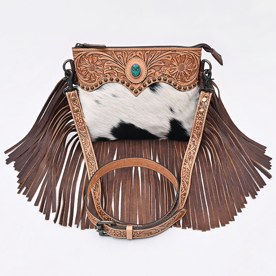 American Darling Cross body Bag Hand Tooled Floral Carved Hair-On Cowhide Genuine Leather Western Purse with Fringes