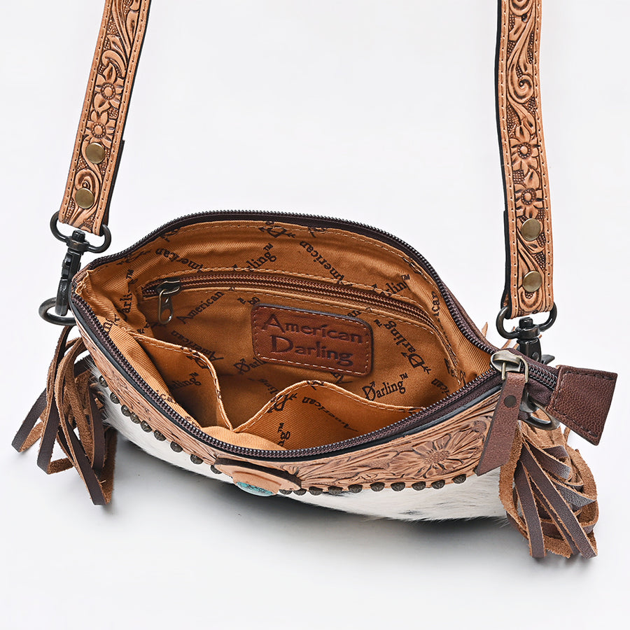 American Darling Cross body Bag Hand Tooled Floral Carved Hair-On Cowhide Genuine Leather Western Purse with Fringes