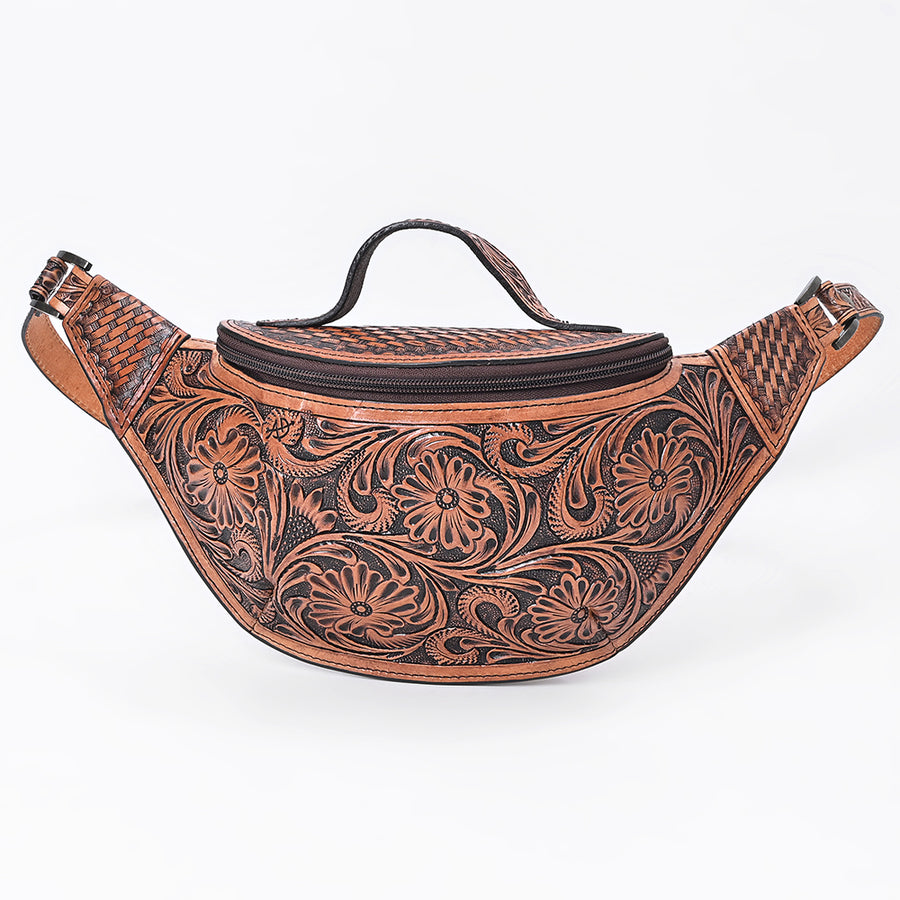 American Darling Fanny Pack Hand Tooled Floral Carved Basket Weave Genuine Leather Western Waist Bag