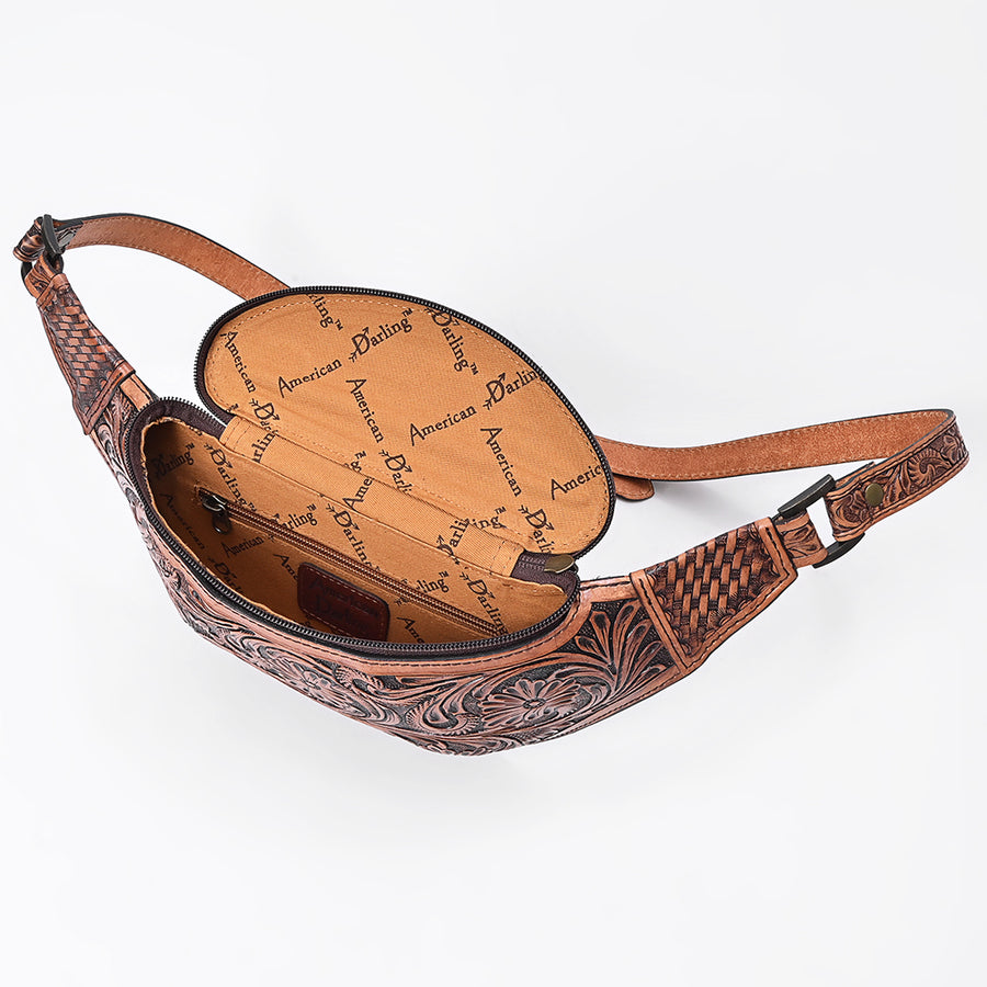 American Darling Fanny Pack Hand Tooled Floral Carved Basket Weave Genuine Leather Western Waist Bag