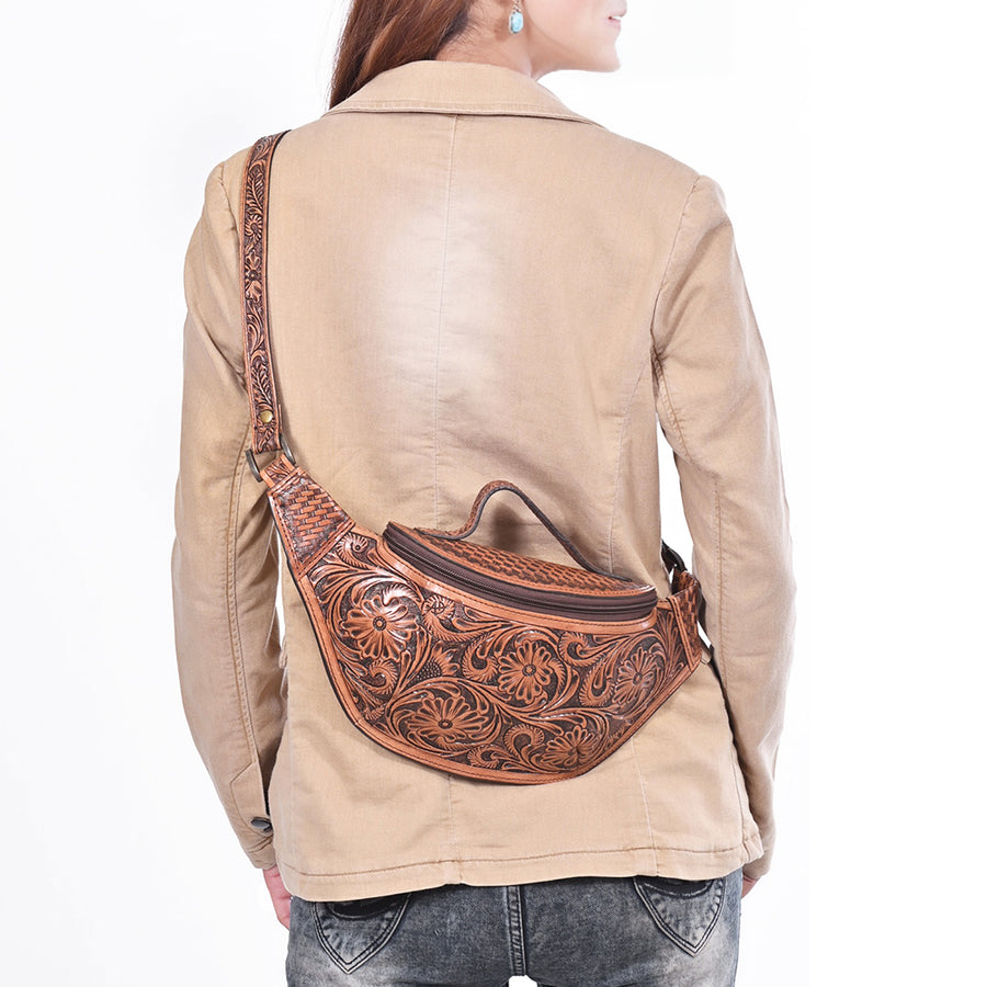 American Darling Fanny Pack Hand Tooled Floral Carved Basket Weave Genuine Leather Western Waist Bag