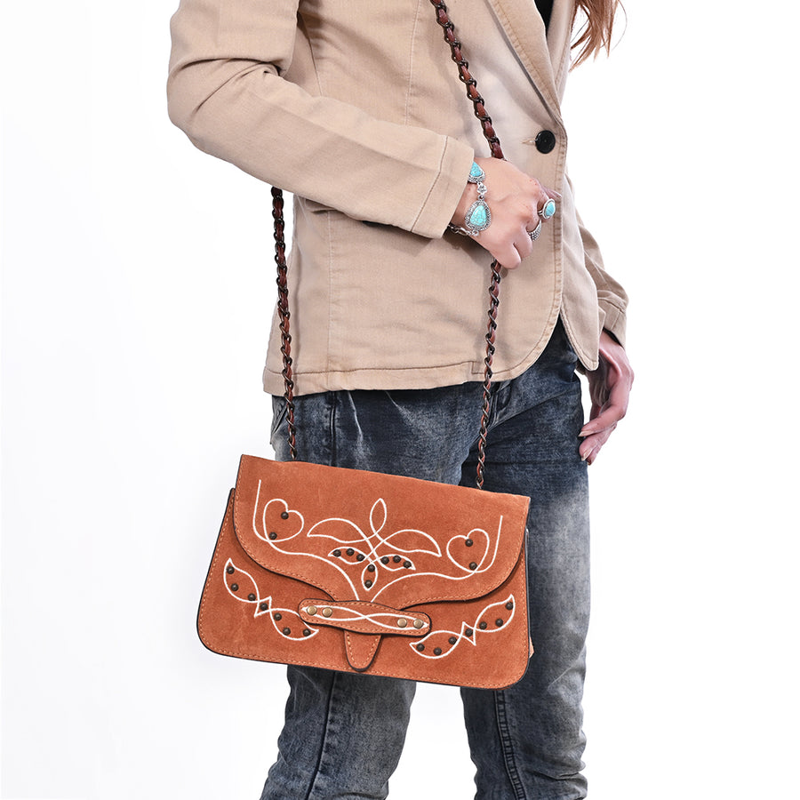 American Darling Cross body Bag Rivetted Genuine Suede Leather with Embroidery Genuine Full Grain Western Purse