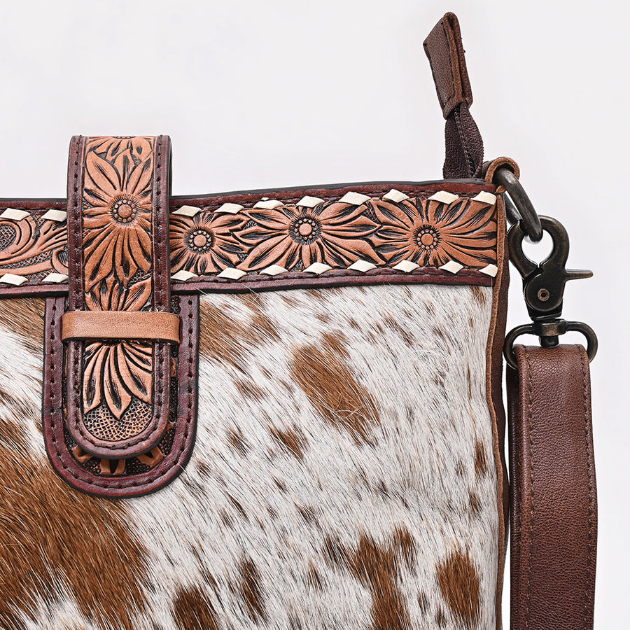 American Darling Cross body Bag Hand Tooled Floral Carved Hair-On Cowhide Genuine Leather Western Purse